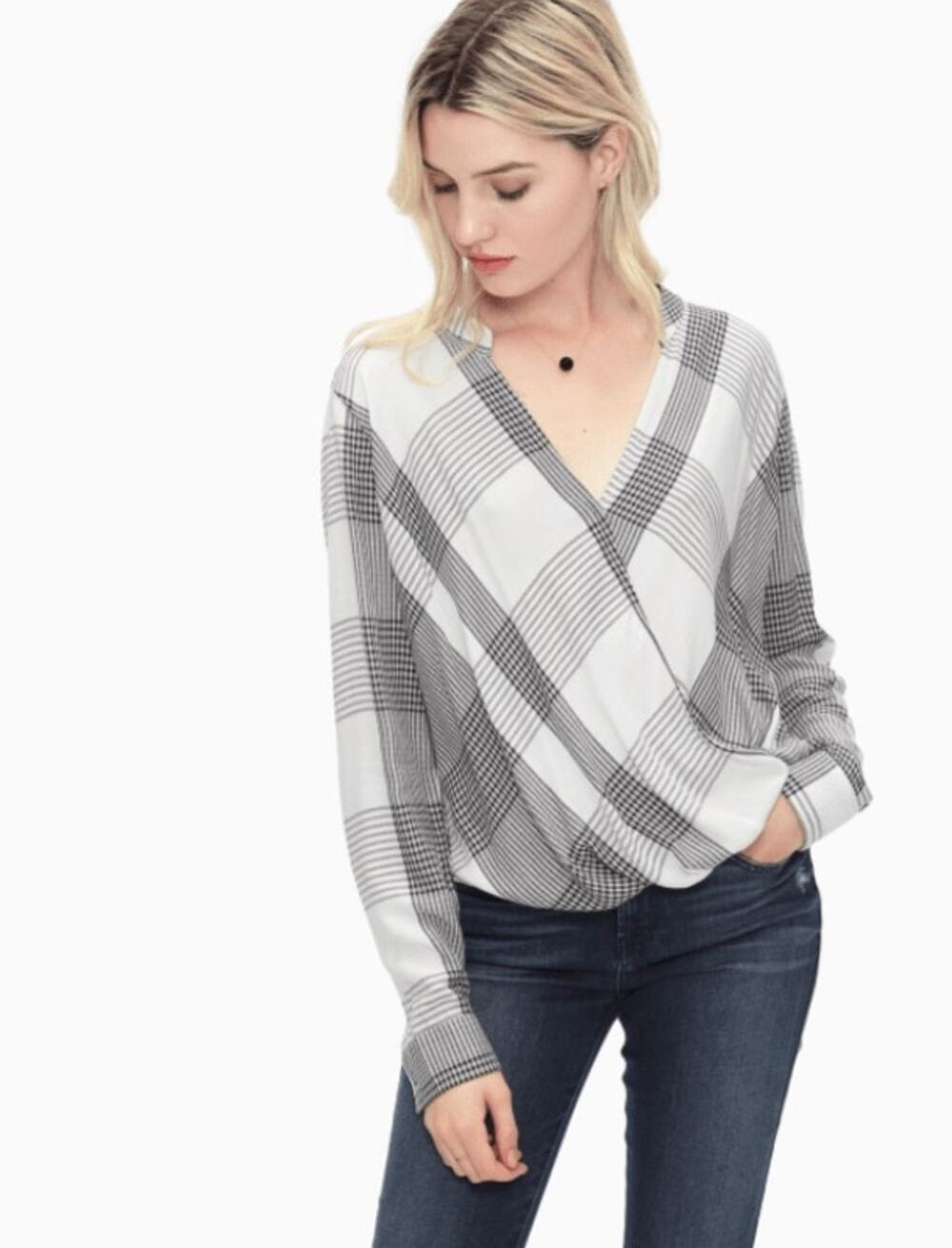 Splendid Gray White Plaid Surplice Faux Wrap Long Sleeve Blouse Size Medium